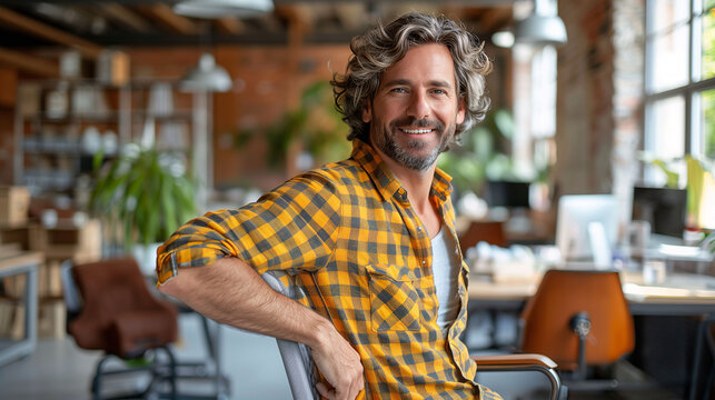 Confident entrepreneur smiling at the camera in a modern office space, showcasing a casual yet professional style with a yellow checkered shirt.
