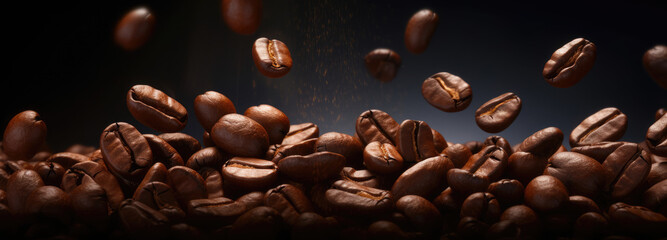 Falling brown roasted coffee beans, isolated on dark black studio background with copy space, close-up - obrazy, fototapety, plakaty