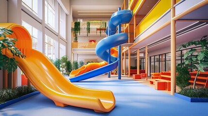 an appealing visual of a contemporary indoor play zone for kids, showcasing a bright indoor slide...