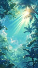 Fototapeta na wymiar Illustration of a wild tropical jungle in muted green colors, , bright sun rays penetrating through palm trees and plants