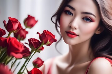 Obraz na płótnie Canvas young attractive woman with a bouquet of red scarlet roses, bright makeup, Asian appearance, charming girl, portrait with flowers