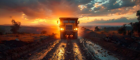 Haul truck transports mined material in openpit mine at sunset. Concept Mining Industry, Open-pit Mining, Sunset, Haul Truck, Mined Material Transport - obrazy, fototapety, plakaty
