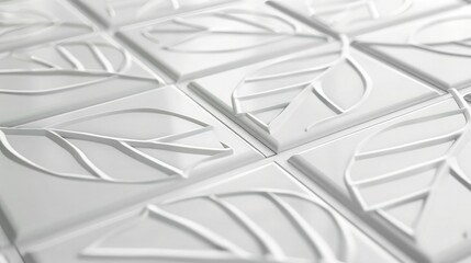 A close-up view of white, glossy 3D tiles with intricate geometric leaf engravings, perfect for a luxury banner background.