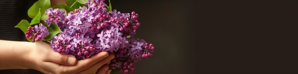 Obraz na płótnie Canvas A woman cradles a sumptuous bouquet of lilacs