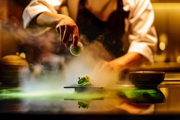 Naklejka premium The chef prepares a dish, experience the epitome of culinary sophistication showcasing new fashionable wave of molecular gastronomy with an intricate presentation of seafood dishes, selective focus