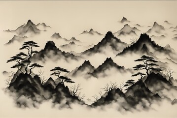 Asia Ink Style Landscape: Traditional Oriental Inspired  Background Illustration