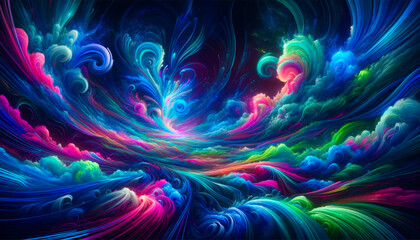 Fototapeta na wymiar In a fantasy cloud display, neon swirls of pink, blue, and green weave through a dynamic celestial dance, evoking energy and creativity.