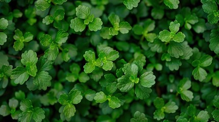 A close-up view of small, vibrant green leaves creating a dense, textured background with an intricate, natural pattern.