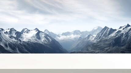 Swiss mountains landscape background with empty space. White empty table top in front, blurred winter mountains panorama - obrazy, fototapety, plakaty