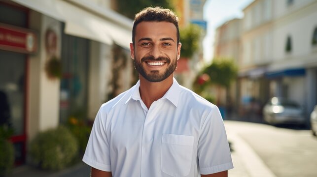 Portrait of a courier in a white uniform on the street. Smiling food delivery man looks at the camera