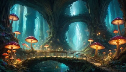 Digital art of an ethereal forest with oversized mushrooms and a quaint bridge, conjuring a magical and serene atmosphere.. AI Generation