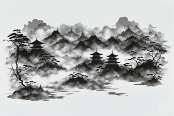 Asia Ink Style Landscape: Traditional Oriental Inspired  Background Illustration
