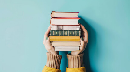 hand holding a stack of books