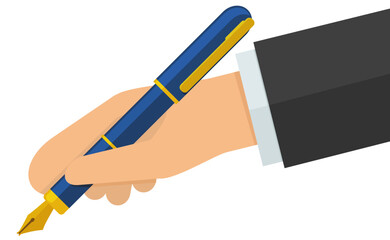 A hand holds a blue and gold pen on a white background in a flat design style