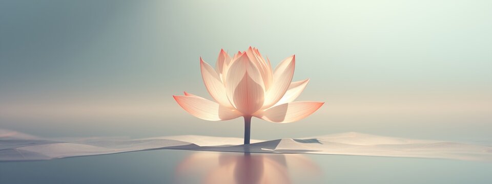 A geometrically perfect lotus flower emerging from a pristine, minimalist 3D environment.