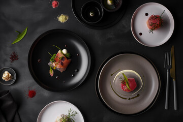 Design of tuna dish in molecular gastronomy, the flat composition captures the essence of creativity and sophistication, inviting viewers to immerse themselves in a vibrant culinary landscape