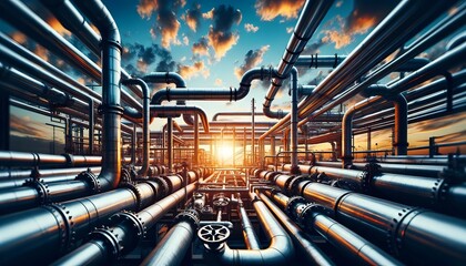 pipes at industrial refinery during sunset concept of petrochemical industry and engineering - obrazy, fototapety, plakaty
