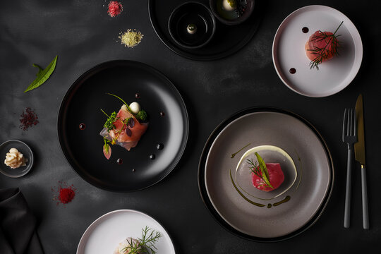 Design of tuna dish in molecular gastronomy, the flat composition captures the essence of creativity and sophistication, inviting viewers to immerse themselves in a vibrant culinary landscape