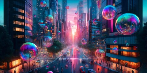 Futuristic City Street with Floating Bubbles at Twilight
