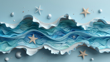 Abstract blue sea and beach summer background with paper waves and seacoast for banner, invitation, poster or web site design. Paper cut style, 3d effect imitation, space for text, vector illustration