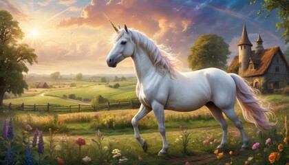 Obraz na płótnie Canvas A graceful unicorn gallops across a flowering meadow near a quaint village at twilight, its mane catching the last rays of the sun.. AI Generation
