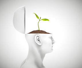 Plant growing from head. Brainstorming, idea, intelligence concept.