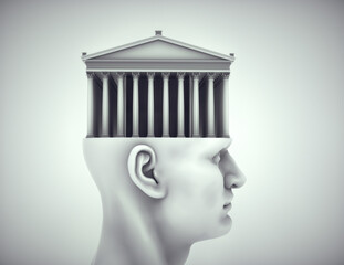 Roman building on head. High level education and knowledge concept. - 777486951