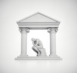Roman structure with the statue of a thinker on white background. - 777486952
