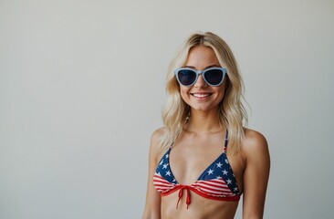 4th of July Celebration - Blond Haired Woman in USA Bikini - White copy space 