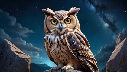 A captivating owl perches stoically on a rocky outcrop, its amber eyes glowing under the celestial tapestry of a clear, star-filled night sky.. AI Generation