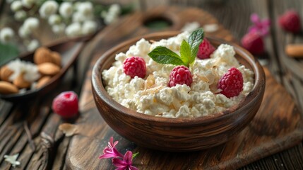 cottage cheese with berries, honey and nuts, fresh berries for breakfast closeup