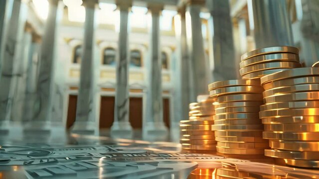 Stacks of gold coins on currency notes with classical architecture background. Wealth management and investment concept.