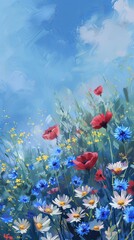 Summer wild field with wildflowers daisies and cornflowers and poppies in the rays of the sun