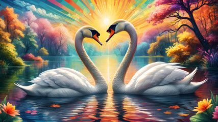 A pair of white swans in love on the lake and reflection on the water	
