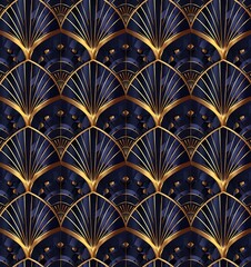 Art Deco pattern, elegant and luxurious design with gold lines on a dark blue background