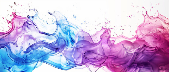 Minimal banner with vibrant splash of pink and purple  paint liquid colors on white background. Generative AI