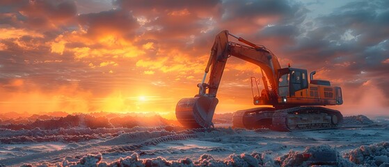 Excavator at open pit mine during sunset digging sand and gravel. Concept Excavator, Open Pit Mine, Sunset, Digging, Sand and Gravel - obrazy, fototapety, plakaty
