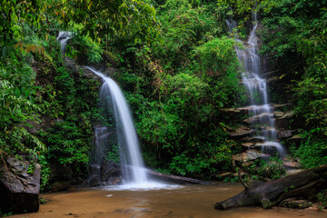 Fresh waterfall in the luxuriant jungle of the Doi Suthep national park, Thailand. - 777487783