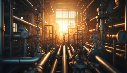 pipes at industrial refinery with morning light background concept of petrochemical industry and engineering
