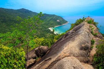 Aerial view of the bottle beach viewpoint in Koh Phangan island, Thailand - 777487954
