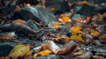 A solitary monitor lizard camouflaged amidst rocks and fallen leaves, its presence hinted by a flicker of its tongue, against a backdrop of serene wilderness