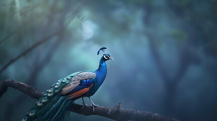 A solitary peacock perched gracefully on a branch, its stunning tail feathers fanned out elegantly, with a serene blurred environment surrounding it © MistoGraphy