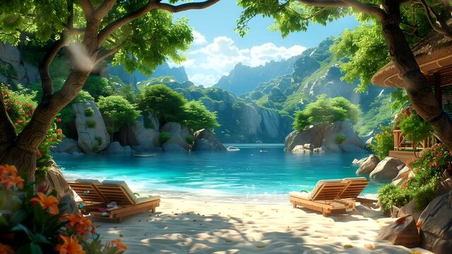 Beautiful summer concept landscape with tropical island and blue beach or lake. seamless looping 4k time-lapse animation video background