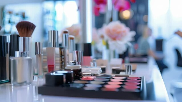 Assorted makeup products and brushes on counter. Selective focus photography in cosmetic store. 