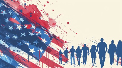 A vector illustration of an American themed design. People walking to a polling station to vote. A rustic design on a cream background. - obrazy, fototapety, plakaty