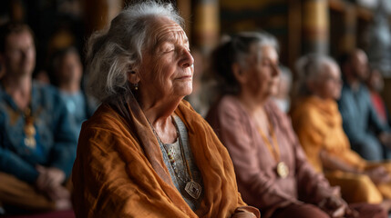 Elderly Woman Meditating Peacefully During a Meditation Class Session