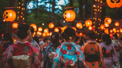 Poster A group of people in vibrant kimonos at a cultural festival, with lanterns in the background, showcasing diversity and tradition © Irina_MT