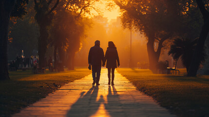 Elderly couple walking together at sunset in a serene park. Golden hour romance and companionship concept