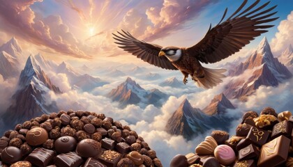 An eagle soars above a surreal landscape of chocolate candies piled high like mountains under a radiant dawn sky.. AI Generation - obrazy, fototapety, plakaty