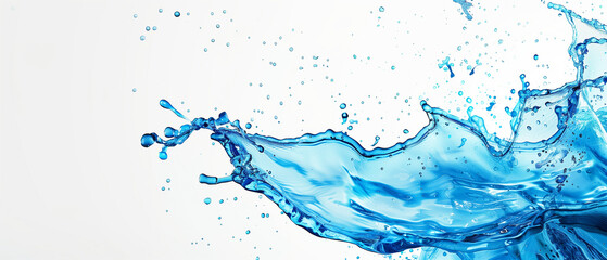 Obraz premium Minimal banner with dynamic splash of crystal clear blue water with droplets suspended in motion on a white background. Generative AI